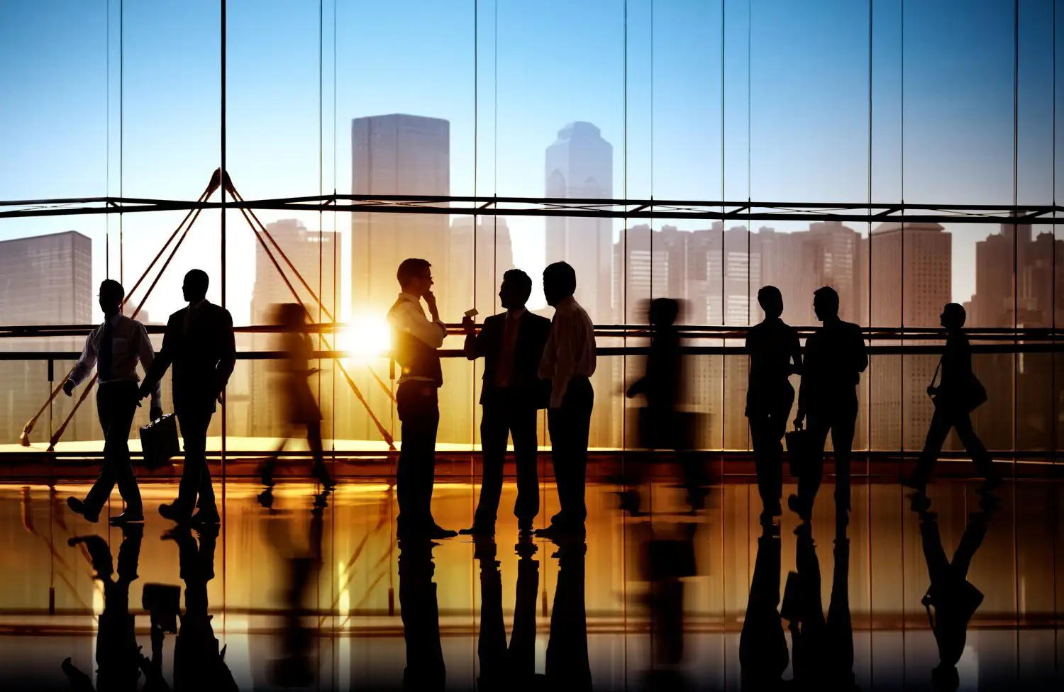 Business professionals silhouetted against a city skyline at sunset