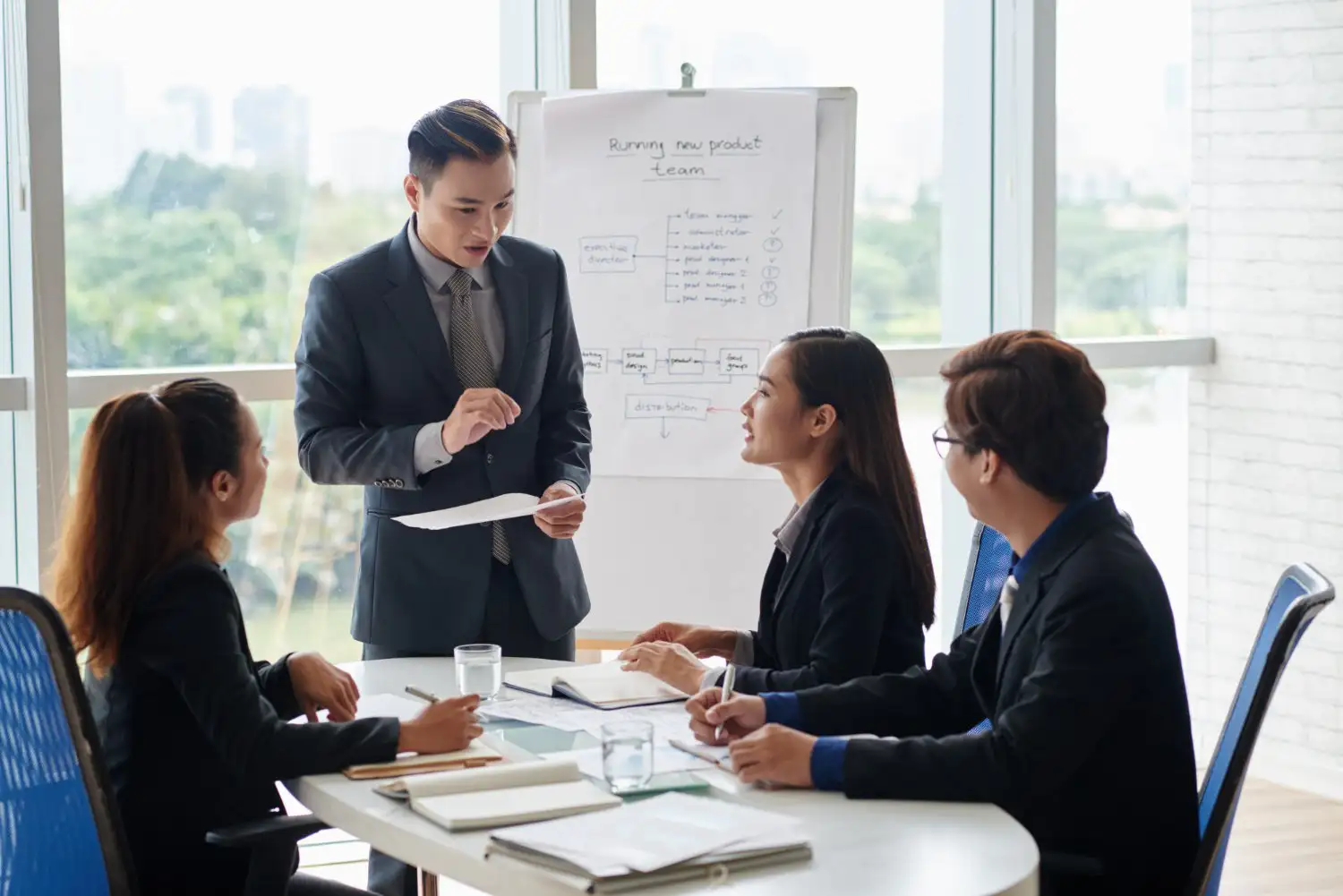 A consultant leading an operations improvement session at a whiteboard